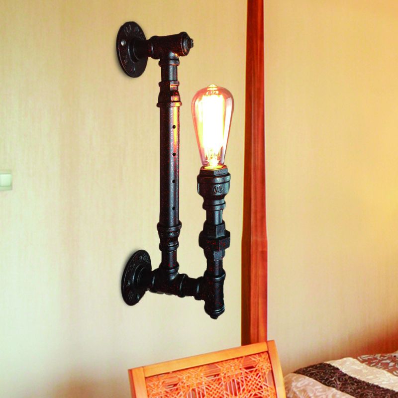 Black Finish 1-Bulb Sconce Light Fixture Industrial Iron Pencil Pipe Arm Wall-Mount Lamp for Bar
