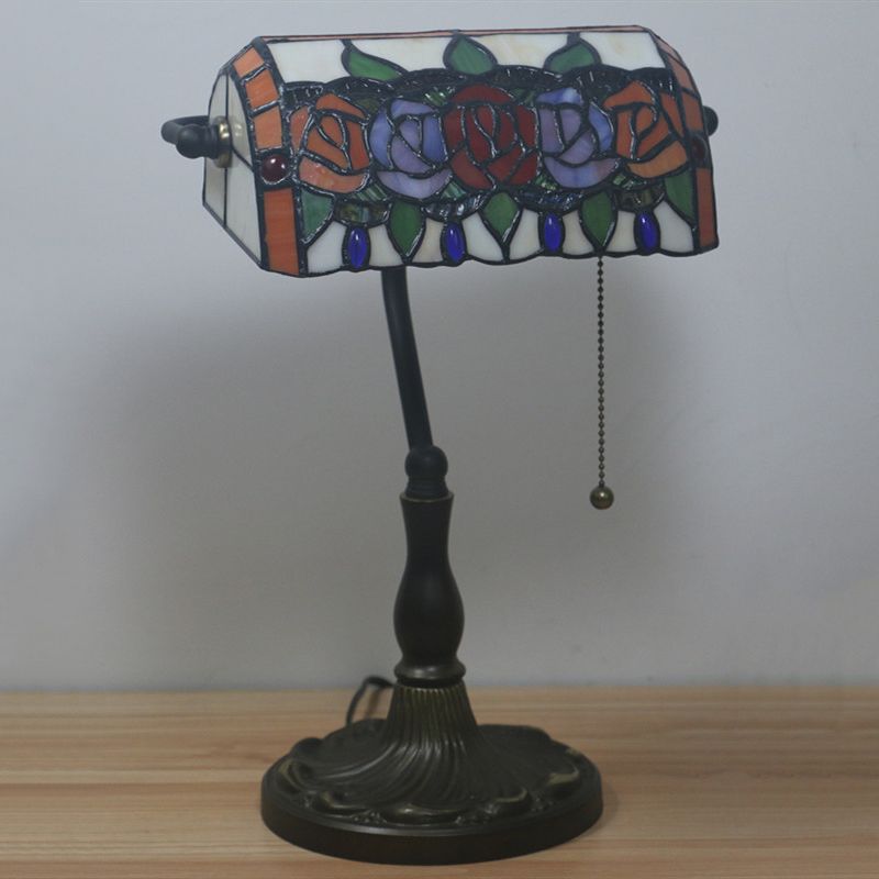 Rose Night Lighting 1-Light Stained Art Glass Mediterranean Desk Lamp in Bronze with Pull Chain
