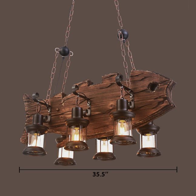 Brown Caged Island Pendant Light Rustic Clear Glass 6-Bulb Dining Room Hanging Lighting with Wooden Fish Design