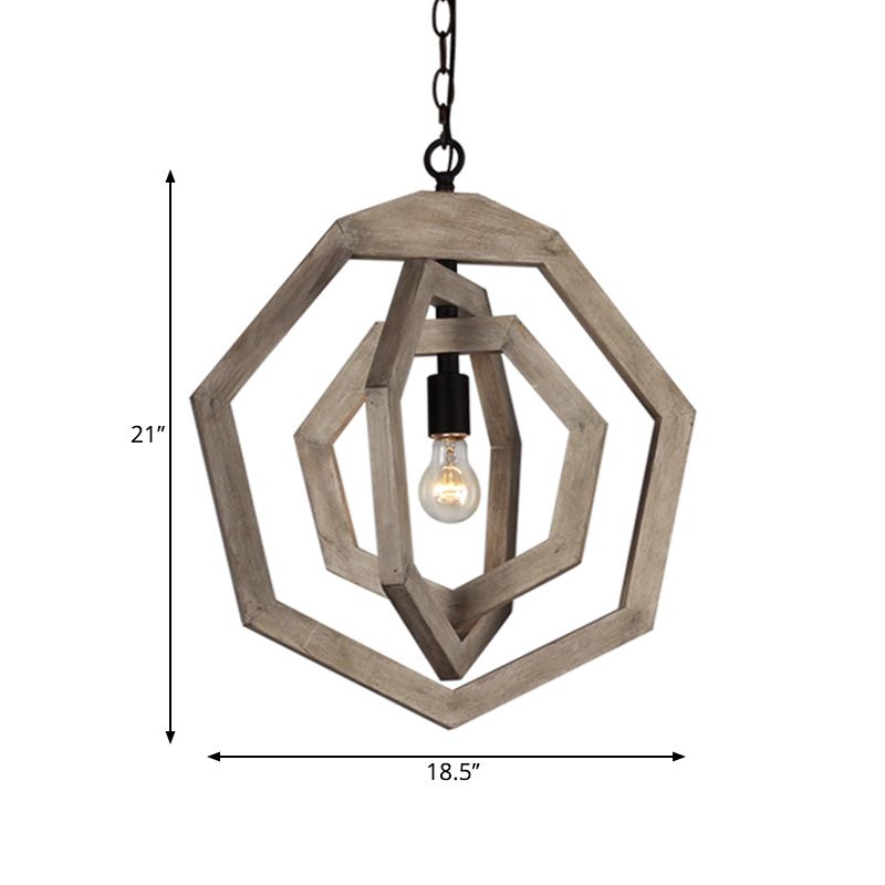 1 leichte Anhängerlampe mit Heptagon Grau/Weiß/Beige Holzrahmen Industrial Flur Hanging Lampe Kit