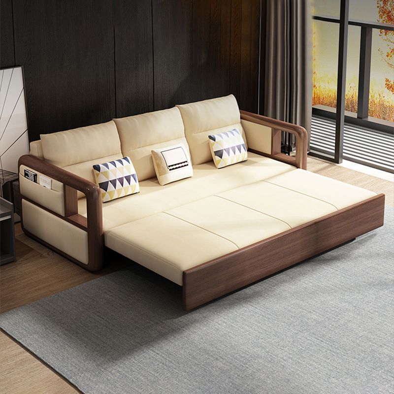 Modernism Brown Fabric Sofa Bed Solid Wood Sofa with Storage