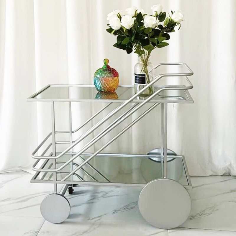 Modern Rectangular Glass Prep Table Home Dining Prep Table with Wheels