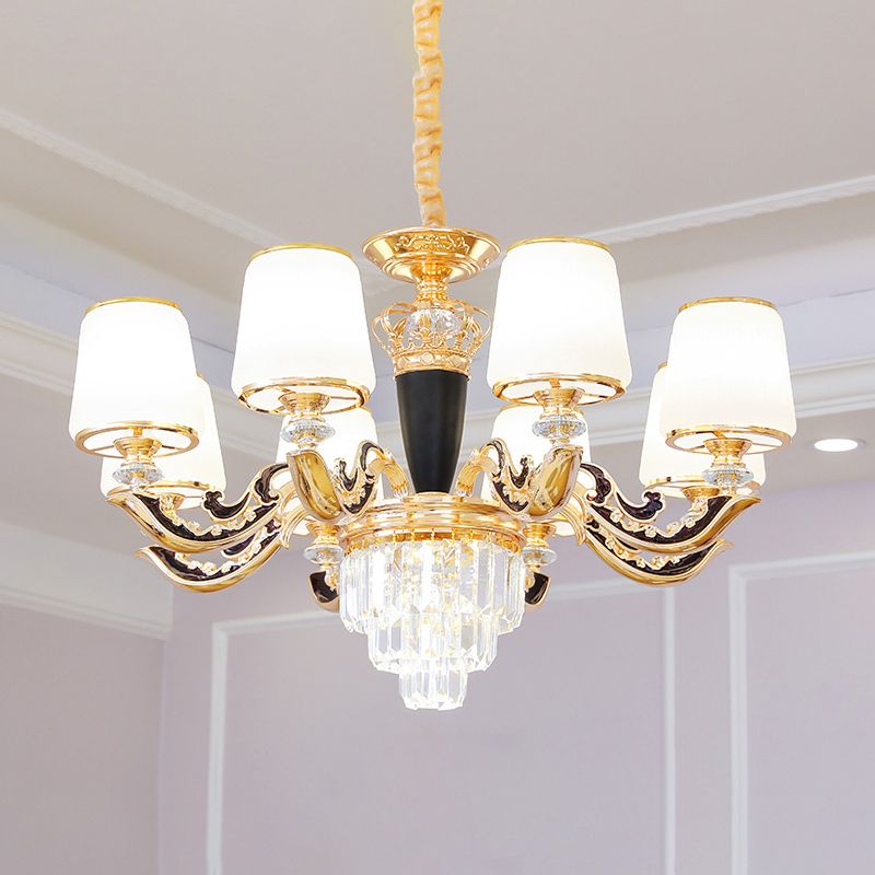 White Glass Tapered Ceiling Lighting Traditional Living Room Chandelier Light with Layered Crystal Decor