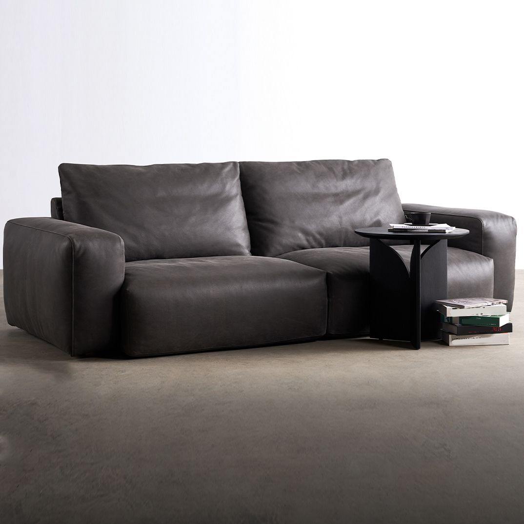 Mid Century Modern Sofa Leather Square Arm Sofa in Deep Grey