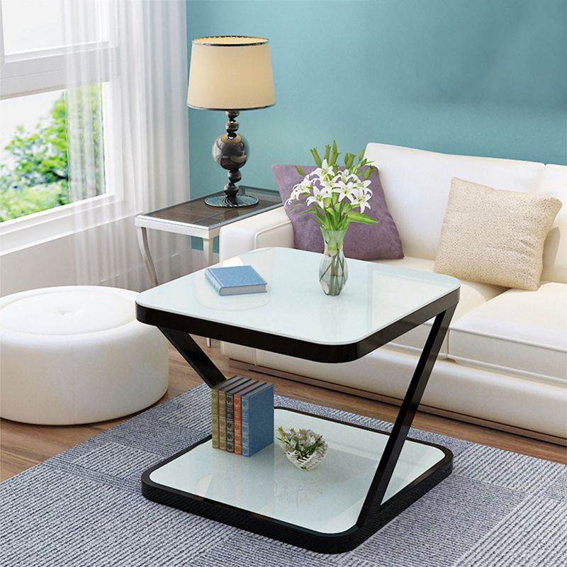 Black/White Glass Corner Table 19.69" High End Table with Storage