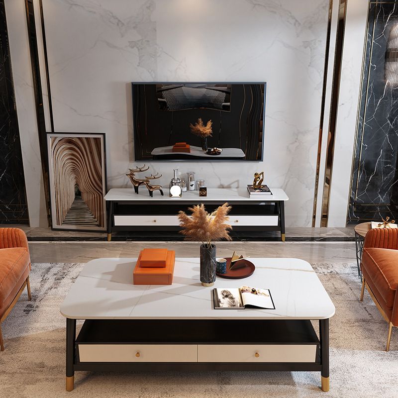 2 - Drawer and 1 - Shelf Coffee Table Rectangular Slate 4 Legs Cocktail Table