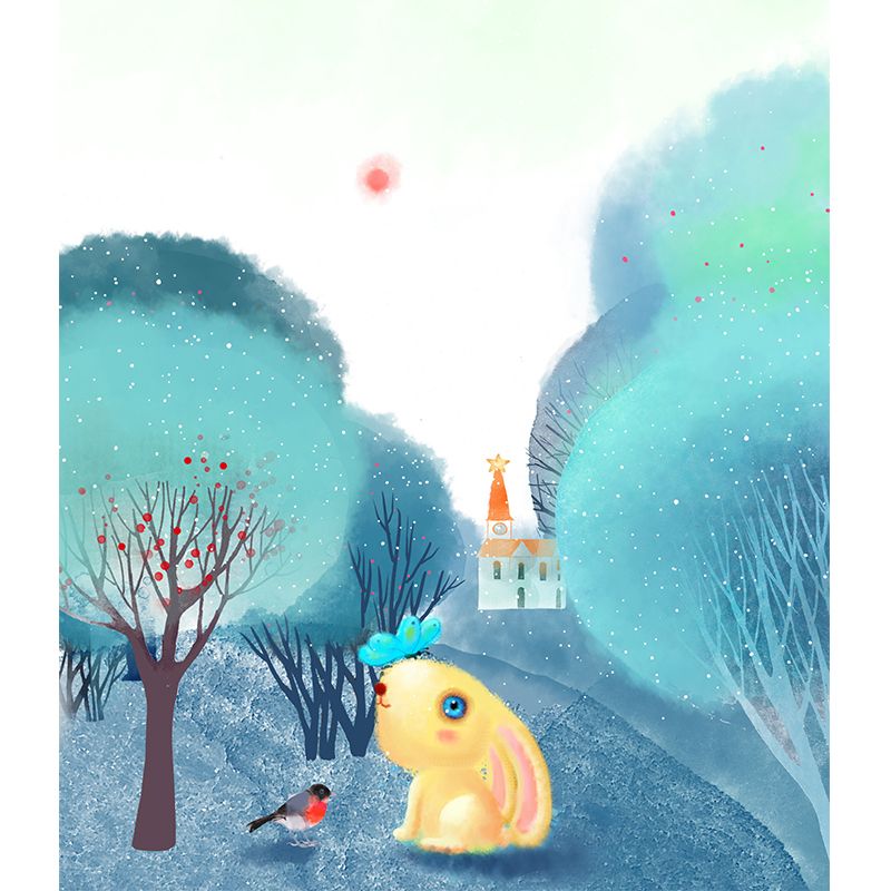 Cartoon Animal Wallpaper Mural Blue-White Rural Landscape Wall Covering for Nursery