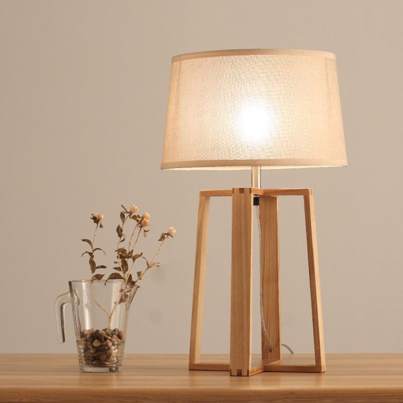 Tapered Drum Table Lamp Contemporary Fabric 1 Bulb Wood Night Light with Trapezoid Base