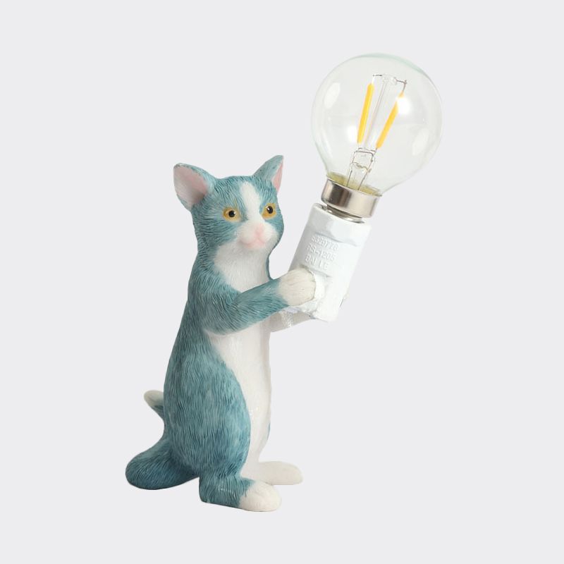 Tabby Cat Holder Table Lamp Kids Iron 1 Bulb Black/Yellow/Blue Nightstand Light with Bare Bulb Design