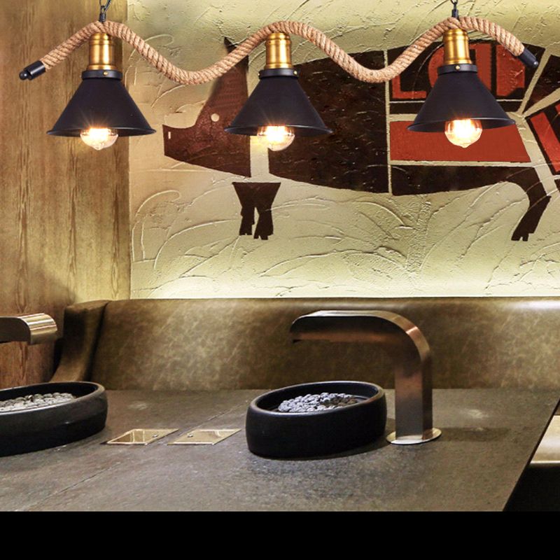 3-Light Retro Hemp Rope Island Light Black Cone Metal Shade Industrial Style Pendant for Restaurant Bar