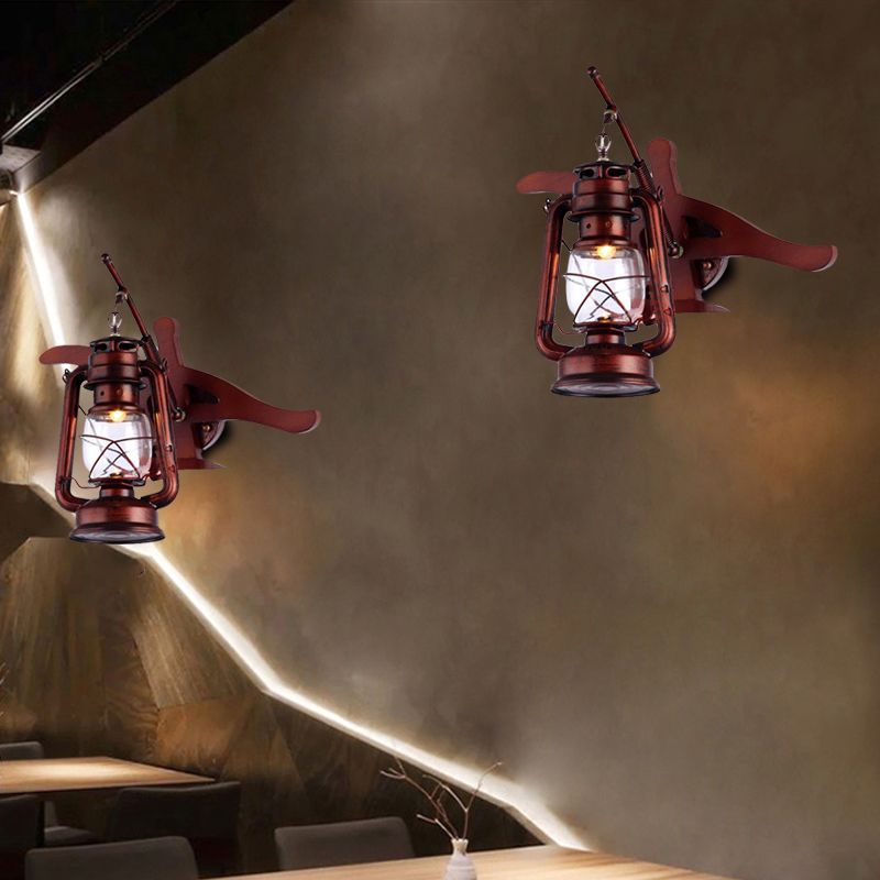 Farmhouse Lantern Shade Sconce Fixture Wrought Iron 1 Light Hallway Wall Sconce Lamp in Weathered Copper