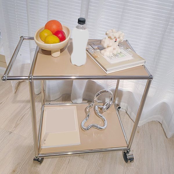 Medieval Modern Style Rectangular Metal/glass Table Wheel Base Side Table