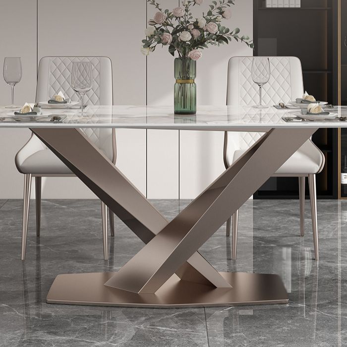 Modern Style Sintered Stone Dining Table with Standard Height Table and Rose Gold Trestle Base