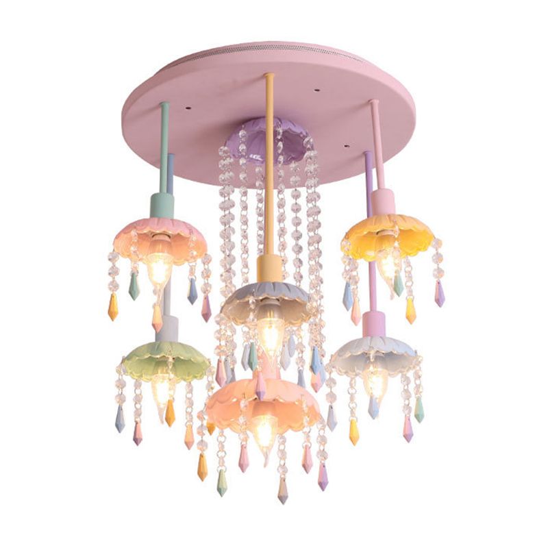 Scallop Shade Ceiling Light Macaron Metal 7 Lights Pink Semi-Flush Mount Light for Bedroom with Crystal Drop