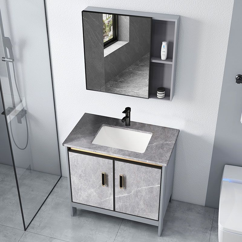 Contemporary Sink Cabinet Freestanding Mirror Cabinet Bathroom Vanity Set in Gray