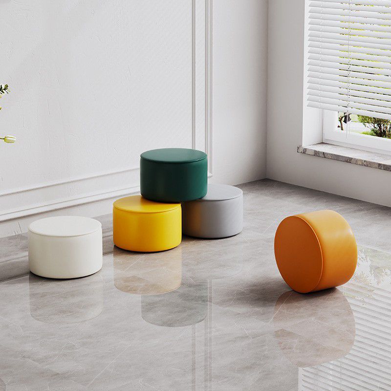 Contemporary Footstool Ottoman PU Leather Upholstered Solid Color Round Ottoman