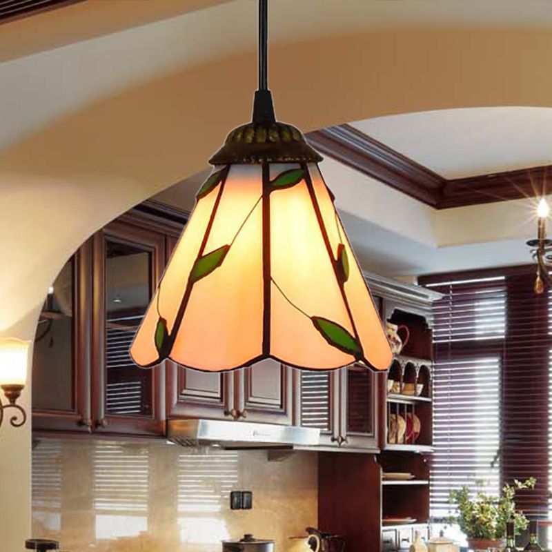 6.5"/12"/16" W Tiffany-Style Cone Pendulum Light 1 Head Handcrafted Art Glass Suspension Lamp in Beige