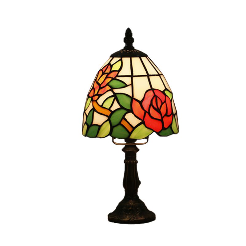 Dome Shape Nightstand Lighting 1-Light Stained Glass Baroque Style Blossom Patterned Table Lamp in Red/Pink/Orange