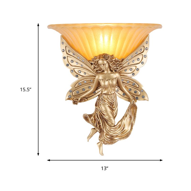 1 Light Wall Sconce Light Vintage Flared Glass Wall Mounted Light with Gold Resin Spirit Base