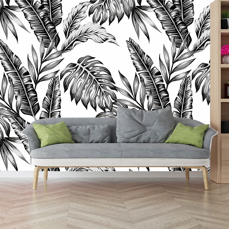 Full Size Minimalist Wall Decor in Black and White Tropical Leaves Mural Wallpaper, Made to Measure