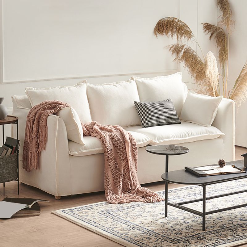 White Linen Contemporary Standard Square Arm Sofa for Living Room, Apartment