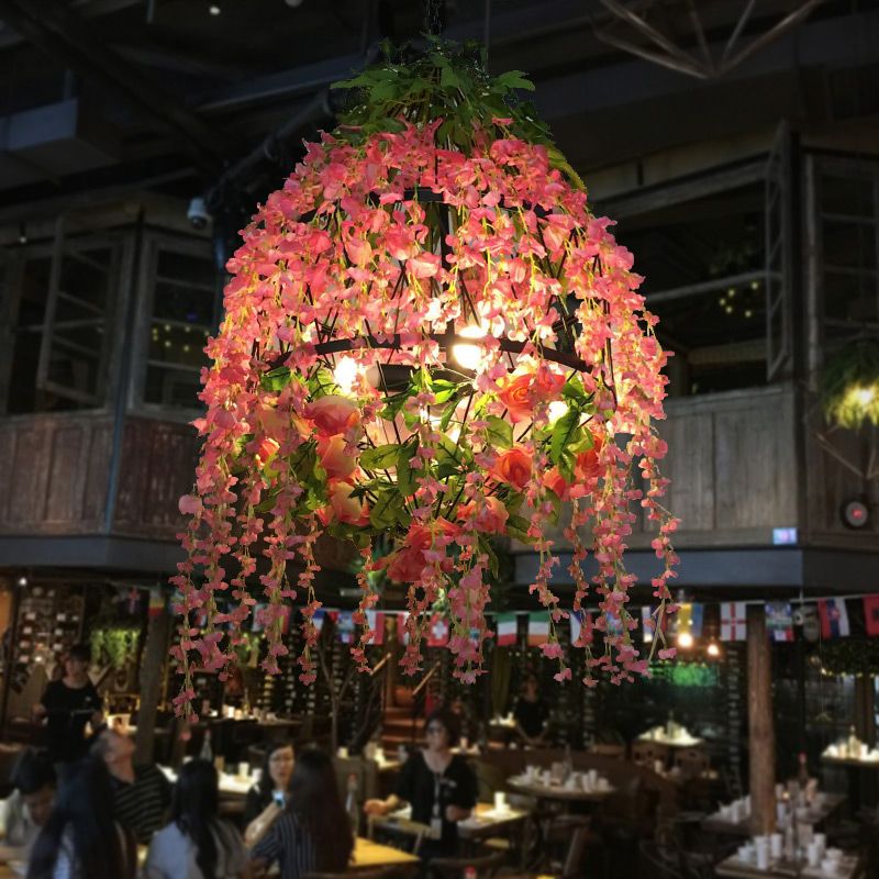 Pink Floral Chandelier Pendant Light Industrial Metal 3 Heads Restaurant LED Hanging Lamping