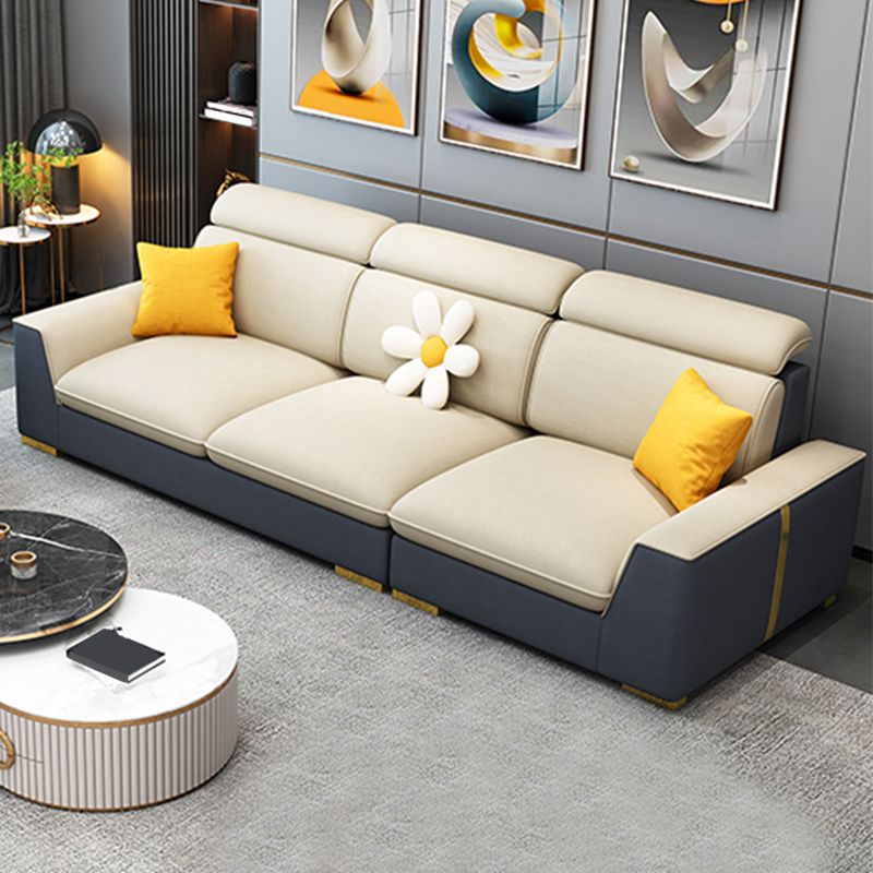 Nordic Grey and Beige Sofa Faux Leather Square Sewn Pillow Back Sofa