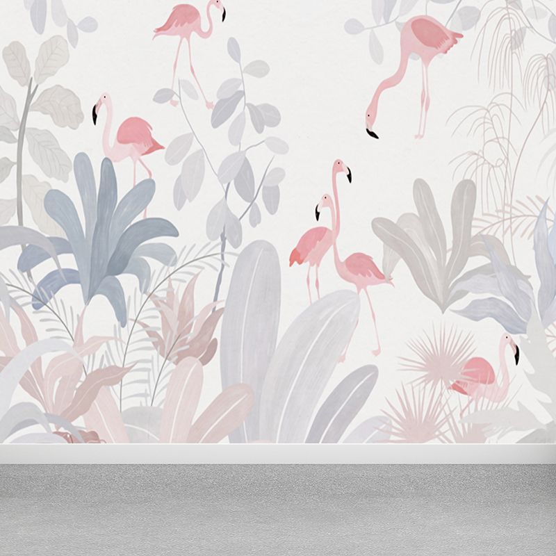Illustration Style Flamingos Mural Decal for Guest Room, Pink, Custom Size Available