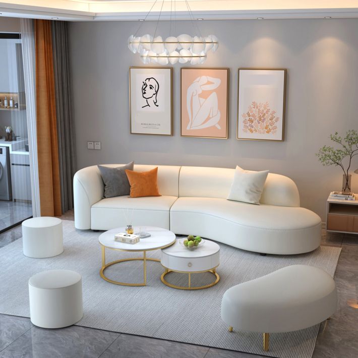 Scandinavian White Sectional Sofa with Tight Back in Pine Wood