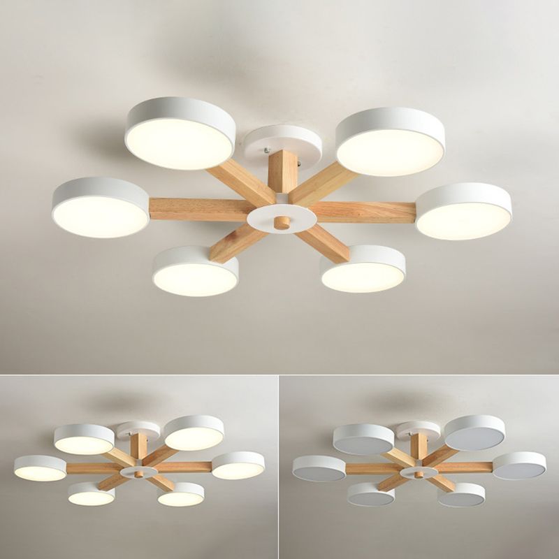 Wooden LED Macaron Ceiling Light in Modern Simplicity Iron Radial Ceiling Fixture with Acrylic Shade
