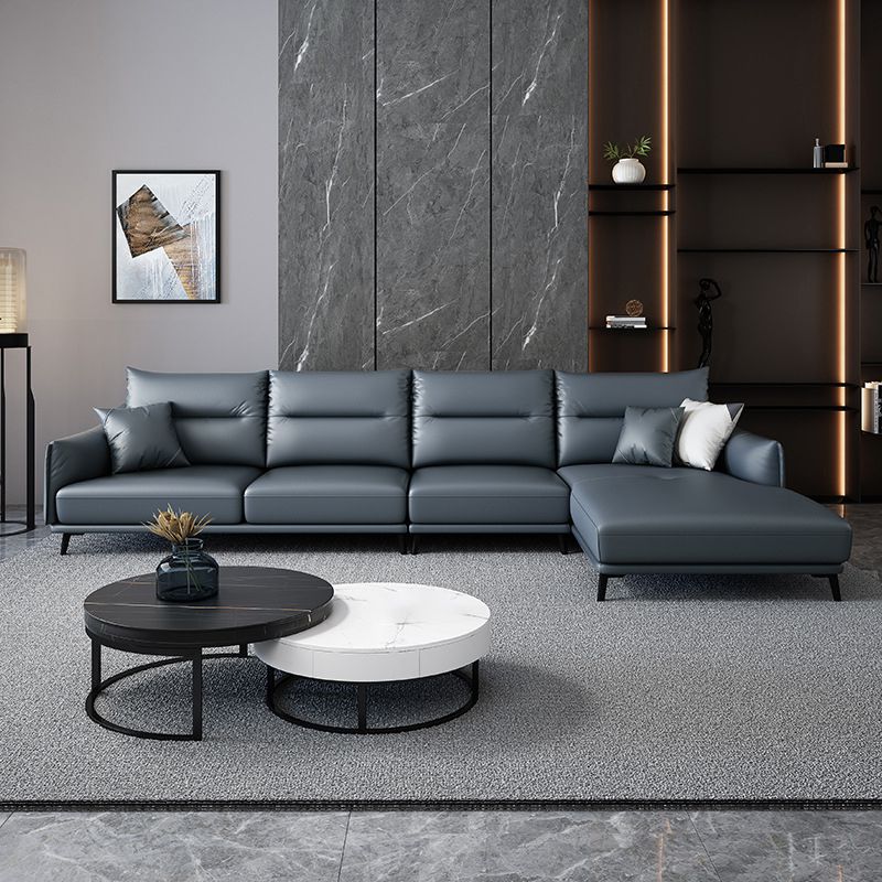 Blue Pillow Back Sectional Genuine Leather L-shape 3/4-Seat Sectional