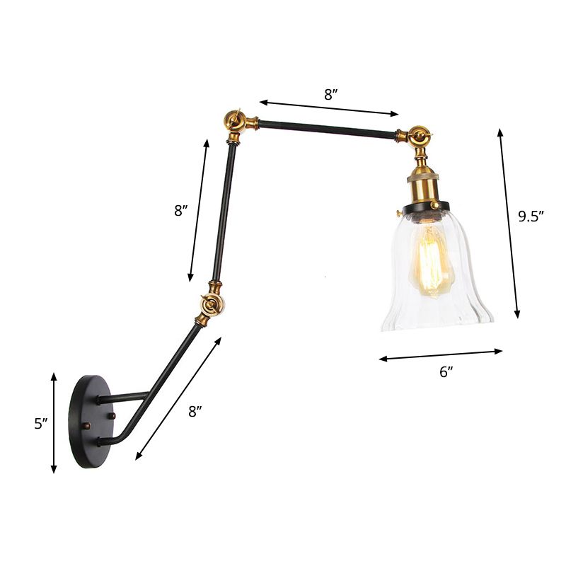 Adjustable 3-Joint Arm Iron Wall Lamp Industrial 1 Head Bedroom Wall Reading Light with Globe/Saucer Clear Glass Shade
