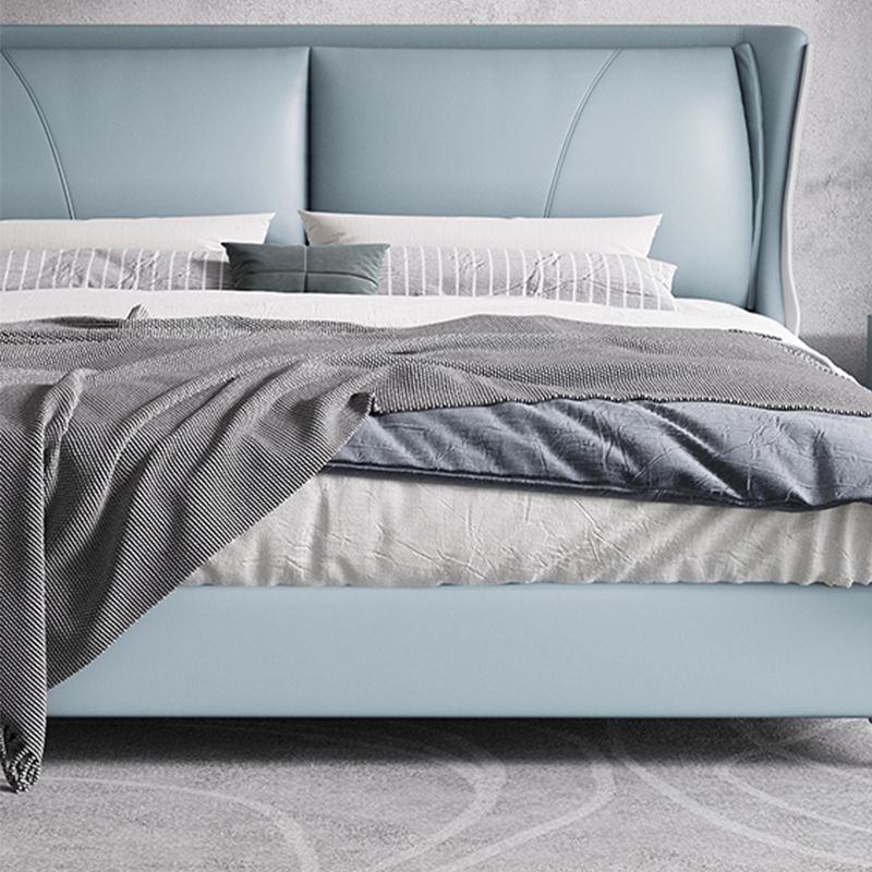 Modern Genuine Leather Panel Bed Pine Wood Bed with Upholstered Headboard