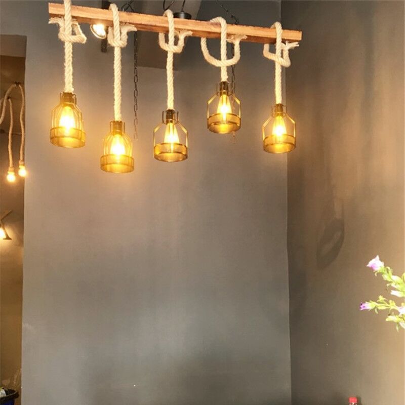 Birdcage Industrial Island Light Hemp Rope Lighting Fixtures for Coffee Shop