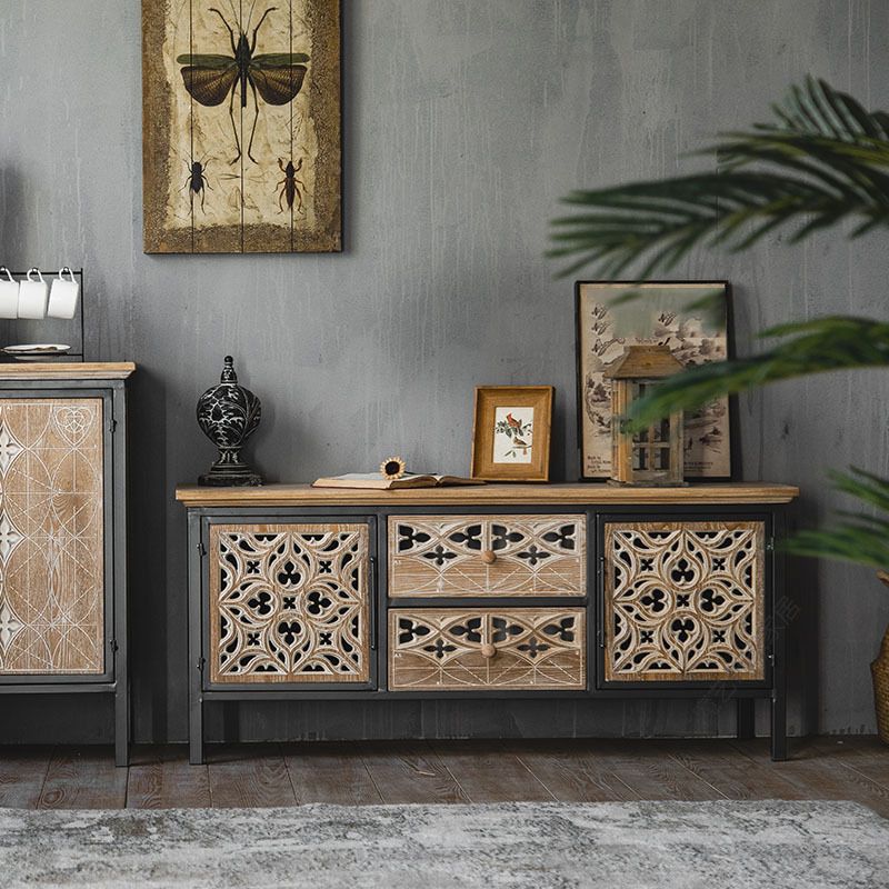 Metal and Distressed Wood Accent Cabinet Industrial Style Fretwork Chest