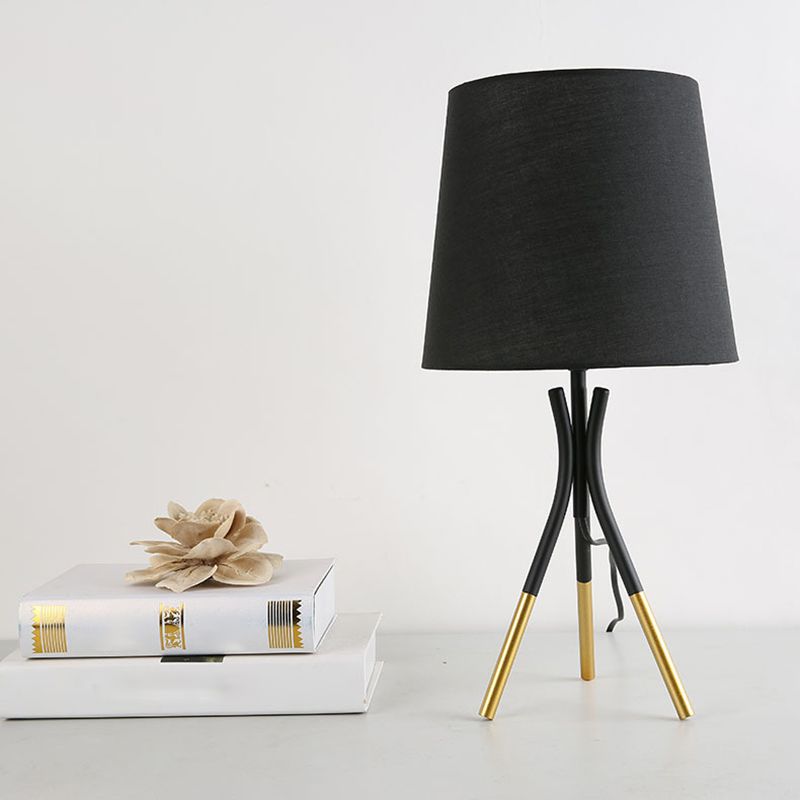 Conical Fabric 3-Leg Table Lamp Nordic 1 Bulb Black/White and Gold Night Stand Light for Bedroom