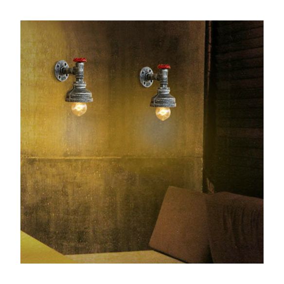 Water Pipe Metal Wall Lighting Rustic Style 1 Light Restaurant Wall Mounted Lamp with Red Valve in Bronze/Antique Brass