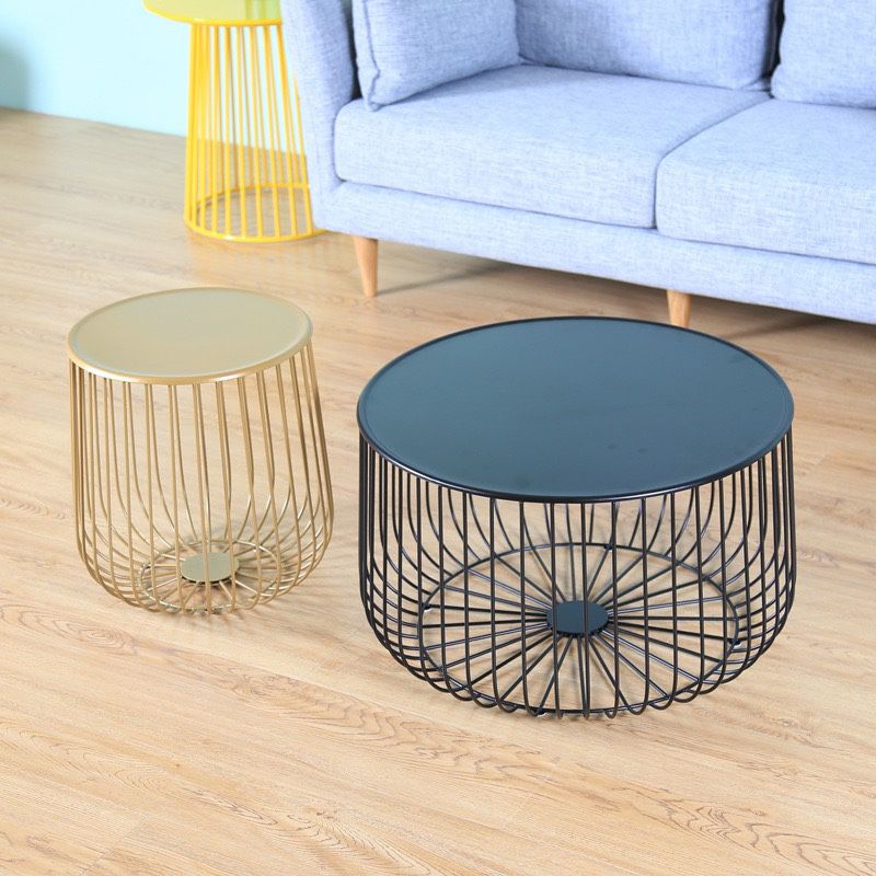 Mid-century Modern Round Iron Coffee Table, Brass/Black Frame Cocktail Table with Storage