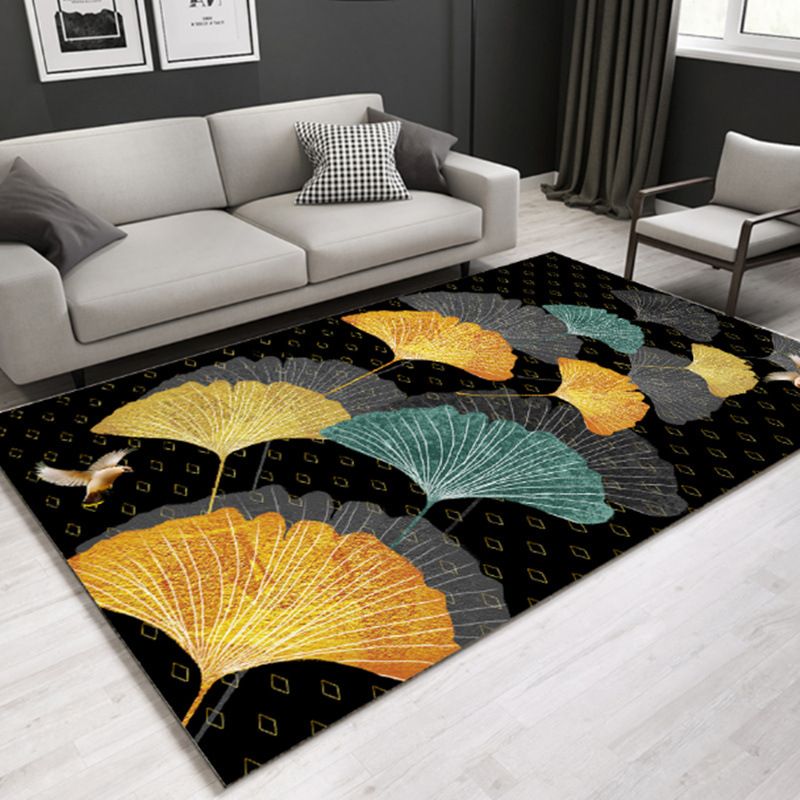 Multi Colored Lounge Area Rug Modern Leaf Print Carpet Polypropylene Non-Slip Backing Pet Friendly Washable Rug