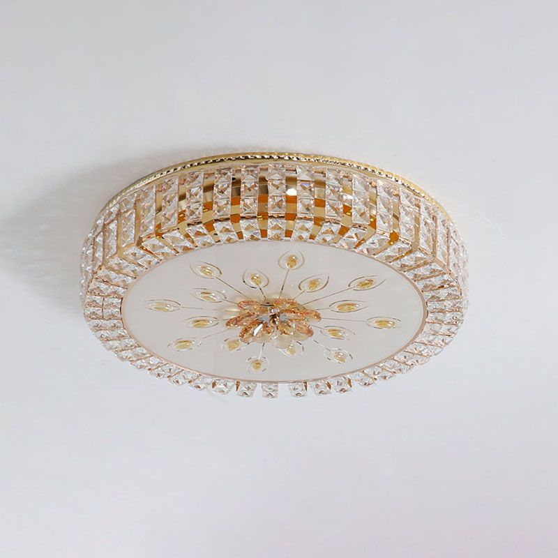 Gold Circular LED Ceiling Light in Modern Luxury Style Crystal Flush Mount with Glass Shade