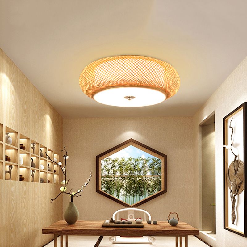 Asian Bamboo Flush Mount Lighting Rounded Drum Ceiling Lamp for Living Room