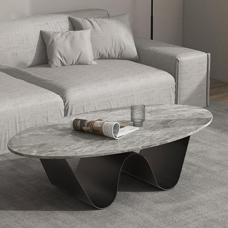 Glam Style Stone Top Coffee Table with Steel Base in Oval Cocktail Table