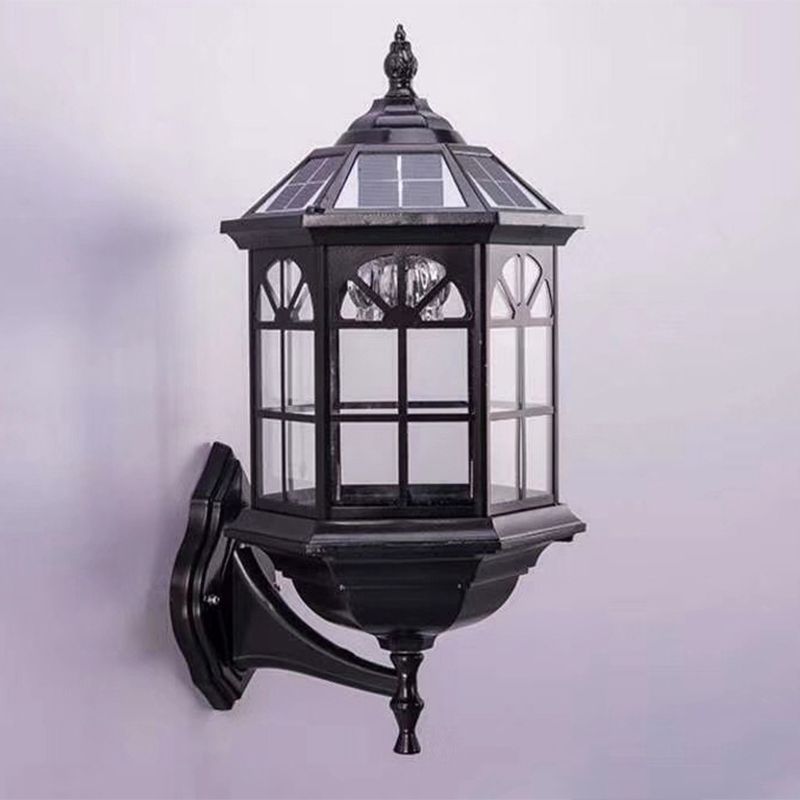 1 Bulb Clear Glass Wall Sconce Lodges Black Hexagon Outdoor Wall Lamp with Solar Panel