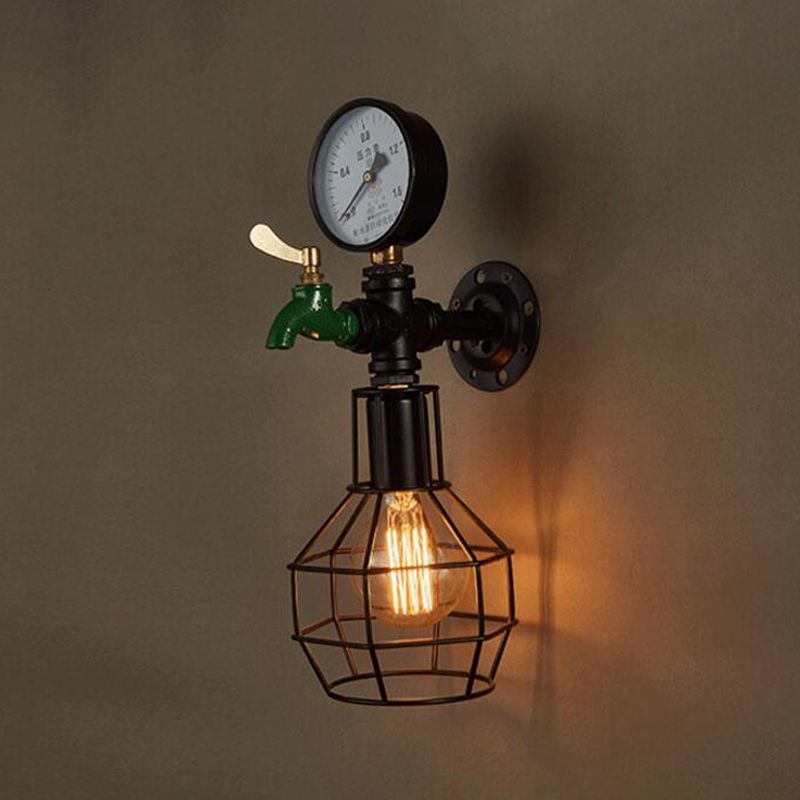1-Light Water-Tap Wall Light Industrial Black and Green Metal Wall Mounted Lamp with Gauge and Cage