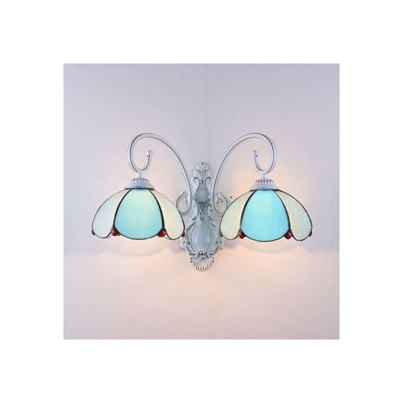 Stained Glass Scalloped Wall Light with White Curved Arm 2 Lights Traditional Sconce Light in White/Clear/Blue/Beige