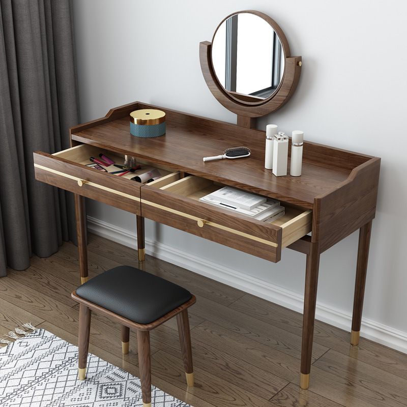 Mirror & 2 Drawers Makeup Vanity Traditional Brown Dressing Table Stool Set