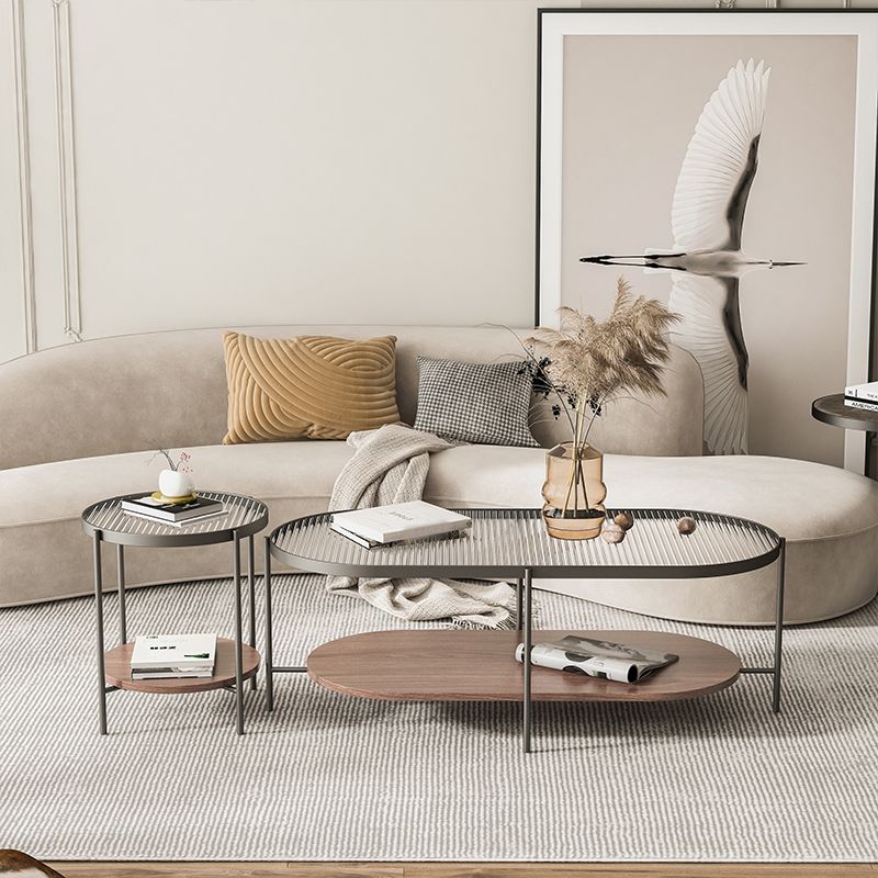 Glass Cross Legs Cocktail Table with Wood Accents Elliptical Coffee Table