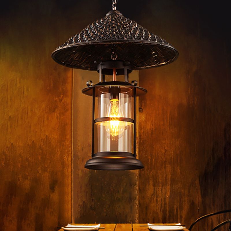 Straw Hat Metal Suspension Lighting Retro Single Restaurant Pendant Ceiling Light with Cylindrical Glass Shade