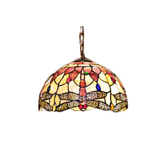 Dome Ceiling Lamp Tiffany Shell 3 Bulbs Pink Hanging Pendant Light with Dragonfly Pattern, 12"/16" Wide