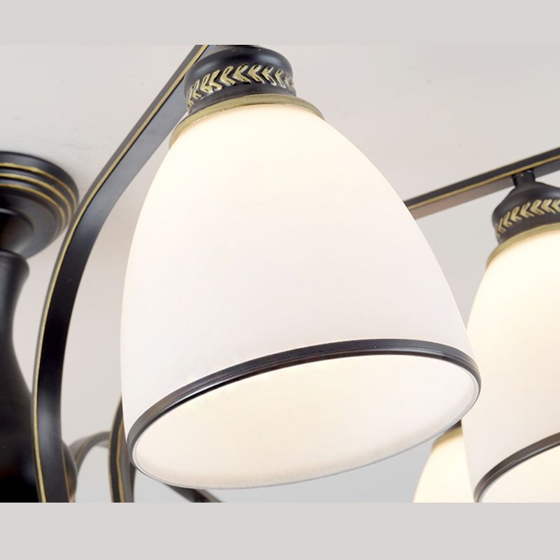 Black Radial Ceiling Light in Traditional Retro Style Wrought Iron Semi Flush Mount with Glass Shade